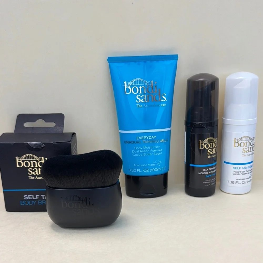 BONDI SANDS 4p Self Tan Travel Kit $55 NIP Moisturizer Foam Eraser Brush